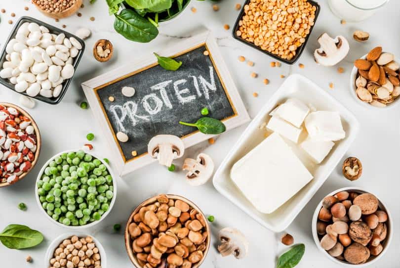 "Protein" written on a chalkboard,s surrounded by protein-rich foods.